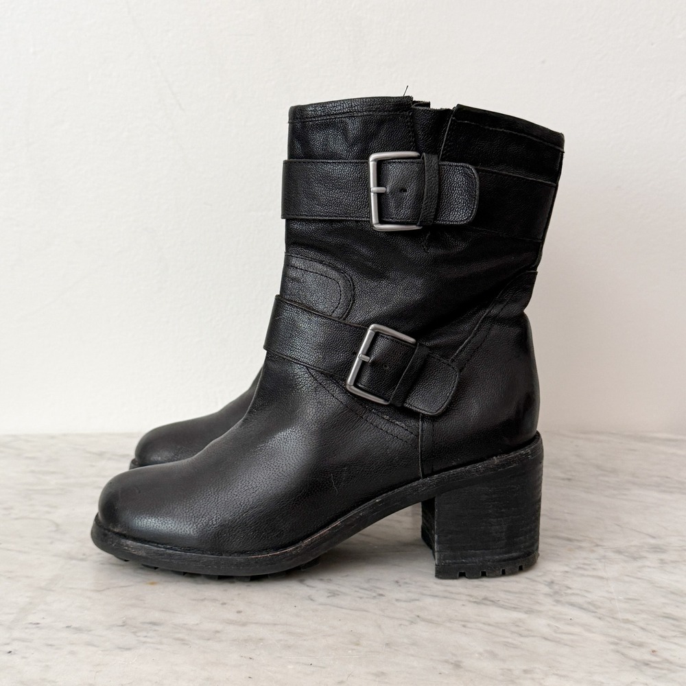 Sam Edelman Troy Moto Boots Leather Buckle Lug Sole 9M Black Mid Calf Block Heel